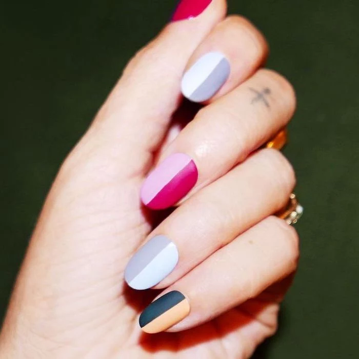 ombre nails, nail ideas 2020, yellow and black, white and grey, red and pink, matte nail polish