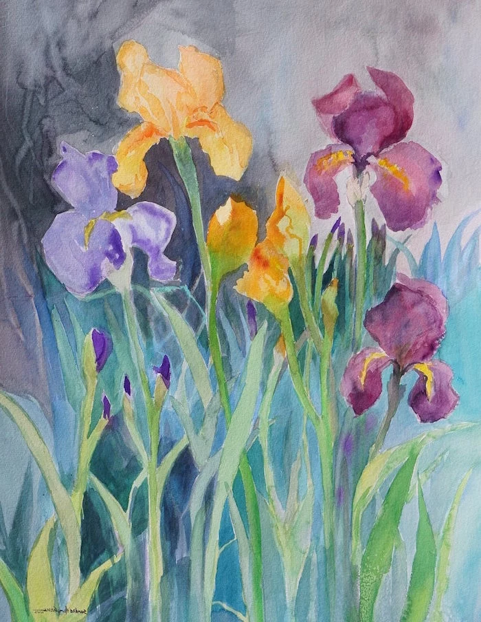 orchids in purple and orange, how to use watercolor paint, black and blue watercolor background