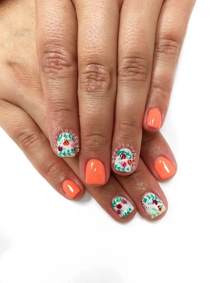 orange nail polish, short square nails, acrylic nail colors, flowers decorations, white background