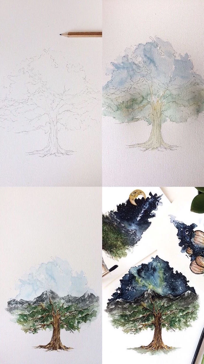 step by step diy tutorial, simple watercolor ideas, how to draw a tree, four step tutorial, galaxy sky inside it
