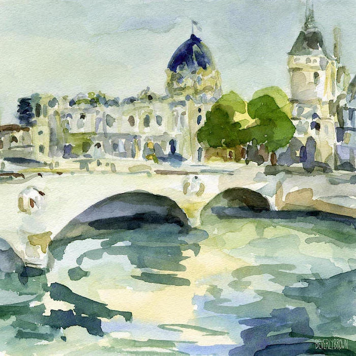 paris landscape, how to paint with watercolors, bridge over a river, buildings in the background