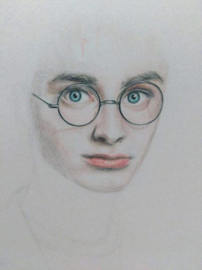 step by step diy tutorial, drawing of harry, harry potter drawings easy, blue eyes with glasses and lips