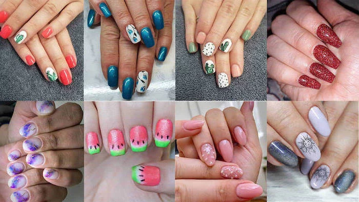 pretty nail designs, photo collage of different nail designs, nails with different shapes and colors