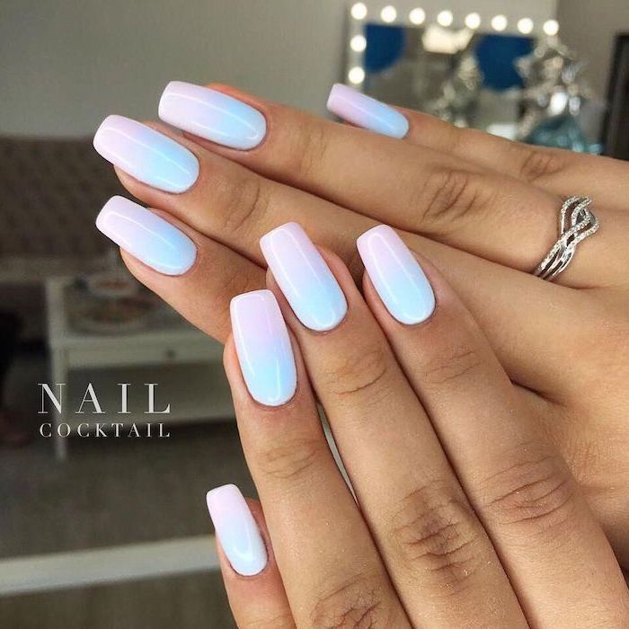 pink and blue nail polish, medium length squoval nails, pretty nail designs, ombre nails