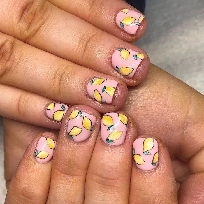 pink nail polish, acrylic nail colors, yellow lemons decorations, short square nails