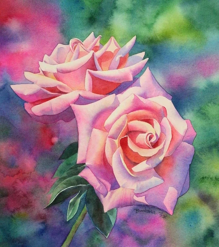 two pink roses, close up painting, how to paint with watercolors, abstract watercolor background in different colors