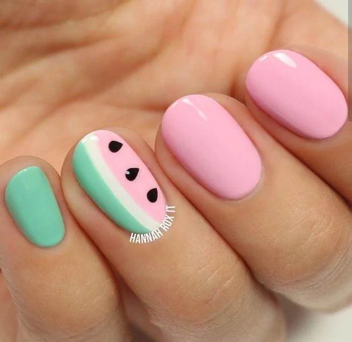 short squoval nails, pink and turquoise nail polish, watermelon decorations, blue nail designs, ombre nails