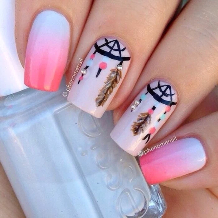 pink and blue nail polish, ombre nails, cute acrylic nail ideas, dreamcatchers decorations