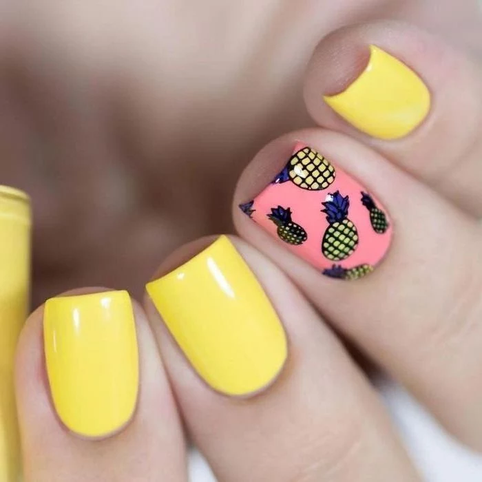 yellow and pink nail polish, blue nail designs, pineapples decorations, short square nails