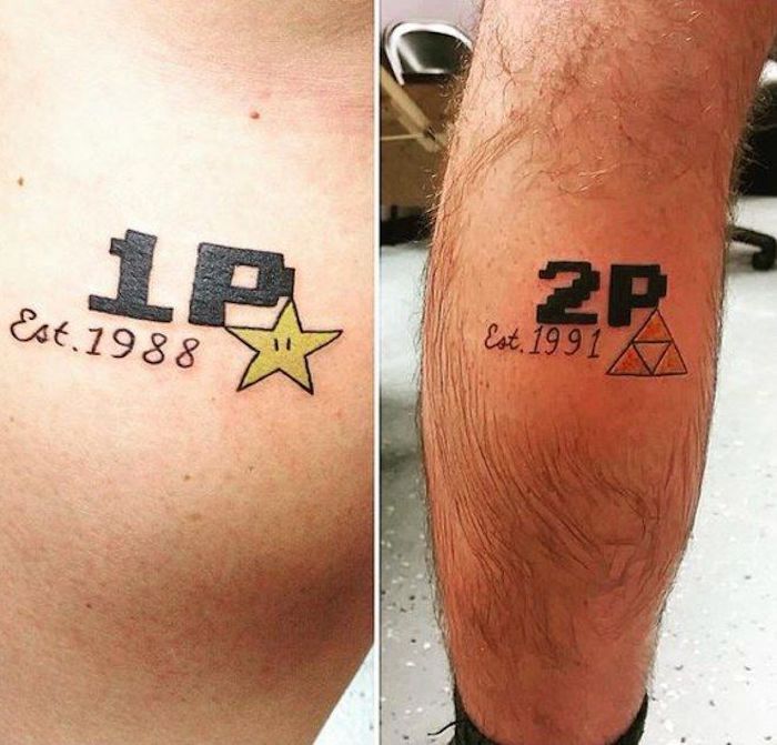 player one player two small matching tattoos established and two years tattoos on back of leg