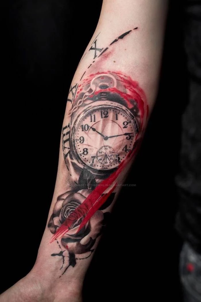 pocket watch surrounded by rose red lines realistic trash polka tattoos roman numerals