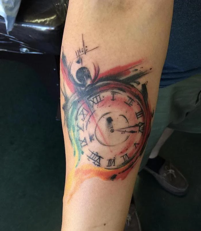 pocketwatch with roman numerals trash polka tattoo watercolor tattoo forearm tattoo