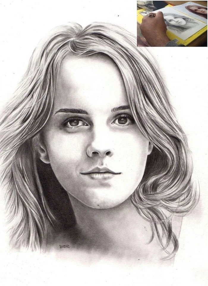realistic portrait drawing, hermione granger, how to draw harry potter characters, black and white pencil drawing