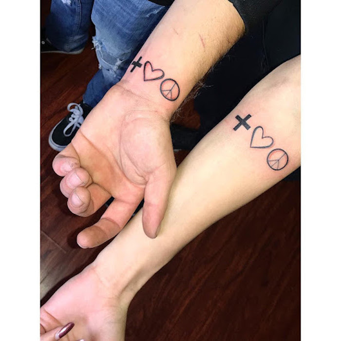 positivity love peace symbols brother and sister tattoo ideas matching wrist tattoos