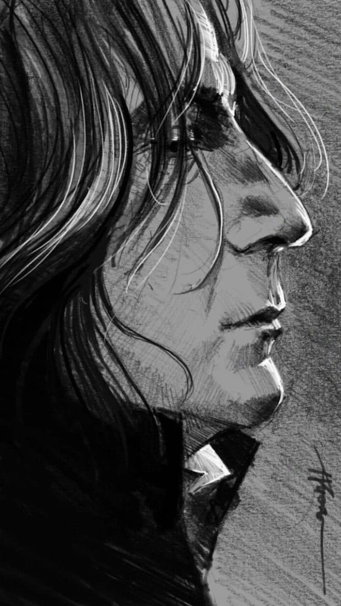 severus snape, realistic drawing, how to draw harry potter characters, black and white pencil drawing