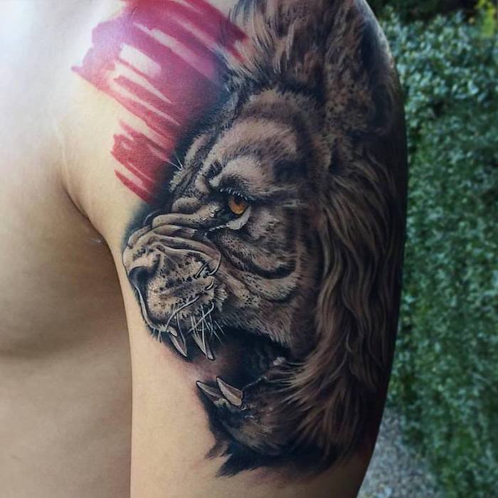 profile of roaring lion red strokes next to it what is trash polka tattoo shoulder tattoo
