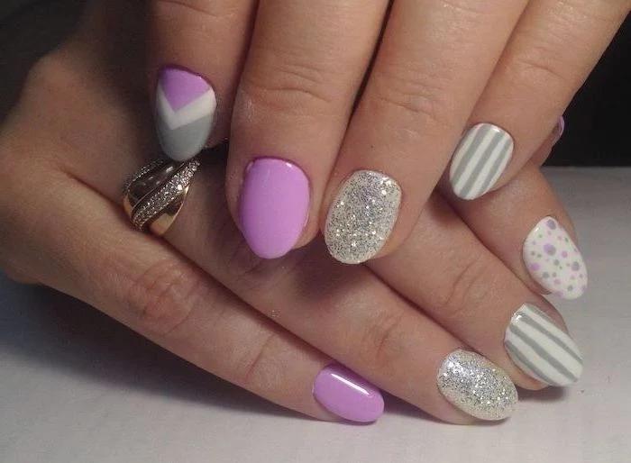pink and grey nail polish, short squoval nails, silver glitter nail polish, cute acrylic nail ideas
