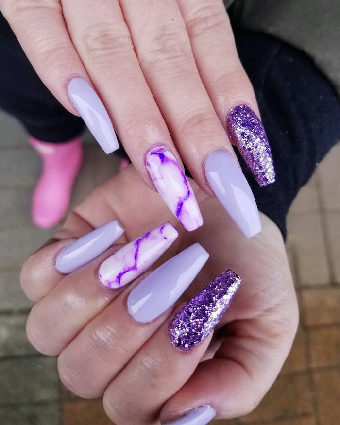 purple nail polish, blue nail designs, purple marble decorations, purple glitter nail polish, long coffin nails