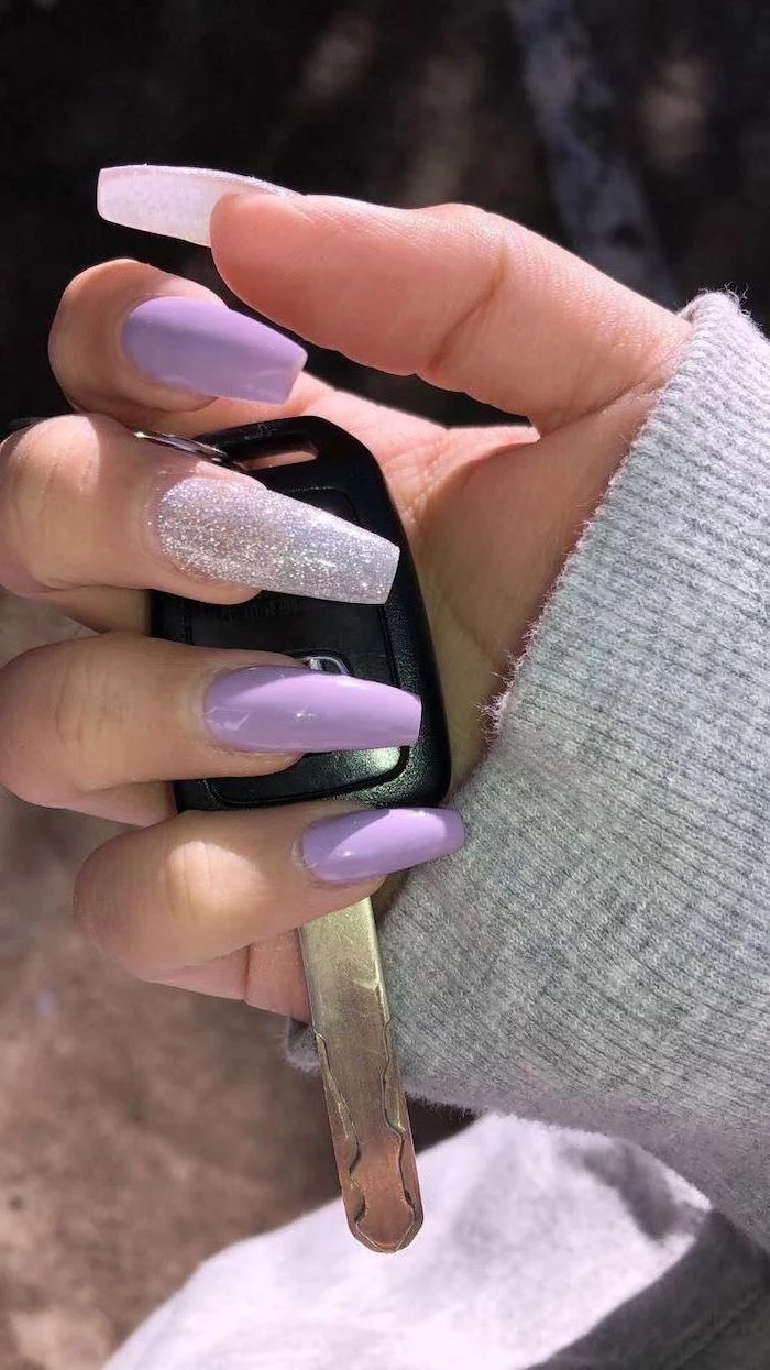purple nail polish, silver glitter nail polish, long coffin nails, summer coffin nails