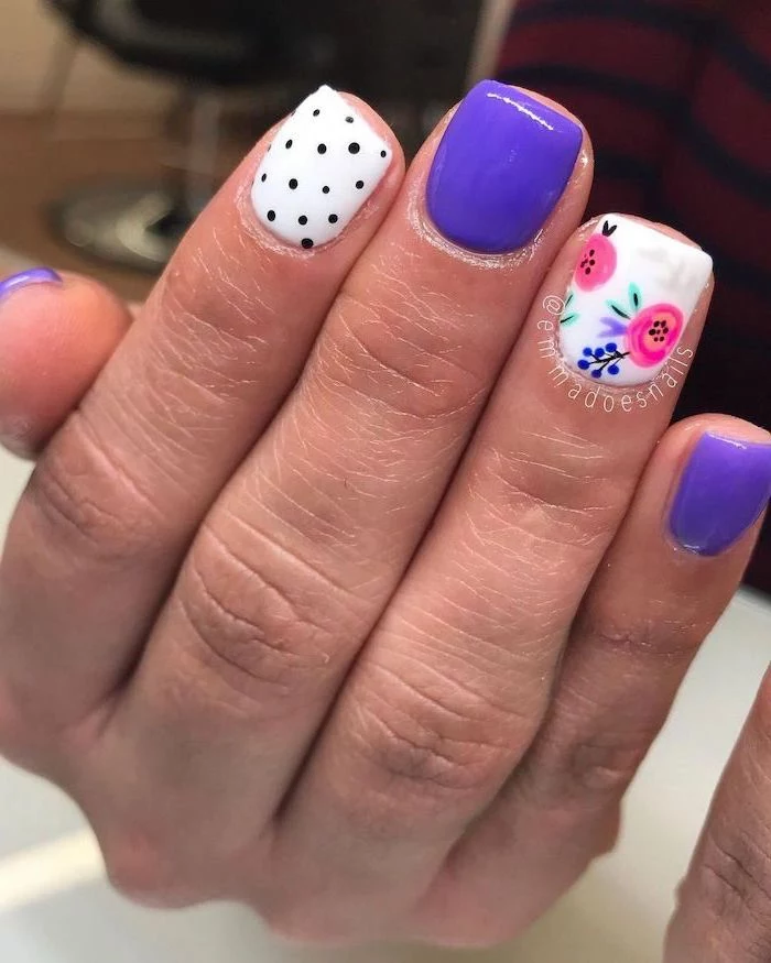 summer coffin nails, white and purple nail polish, pink flower decorations, short square nails