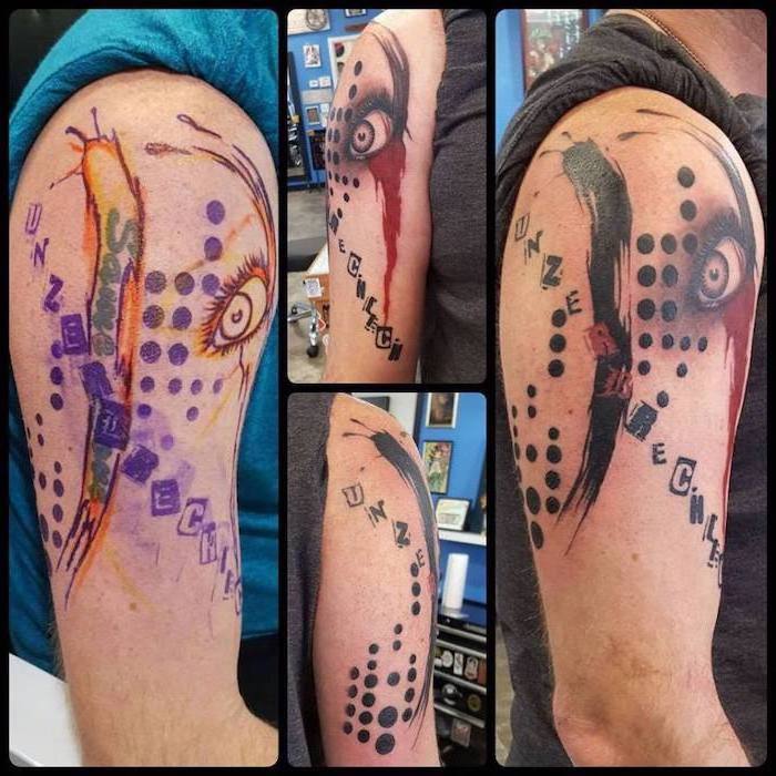 red and black lines and dots trash polka design shoulder tattoo of an eye before and after photos