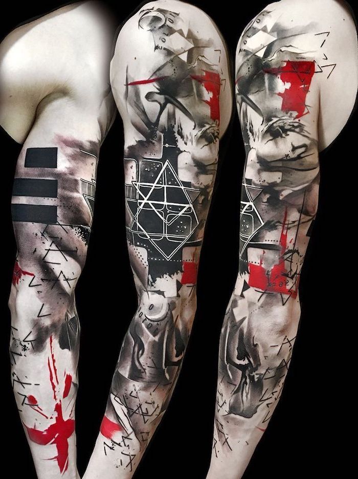 red and black tattoo sleeve trash polka tattoo design three side by side photos abstract tattoo