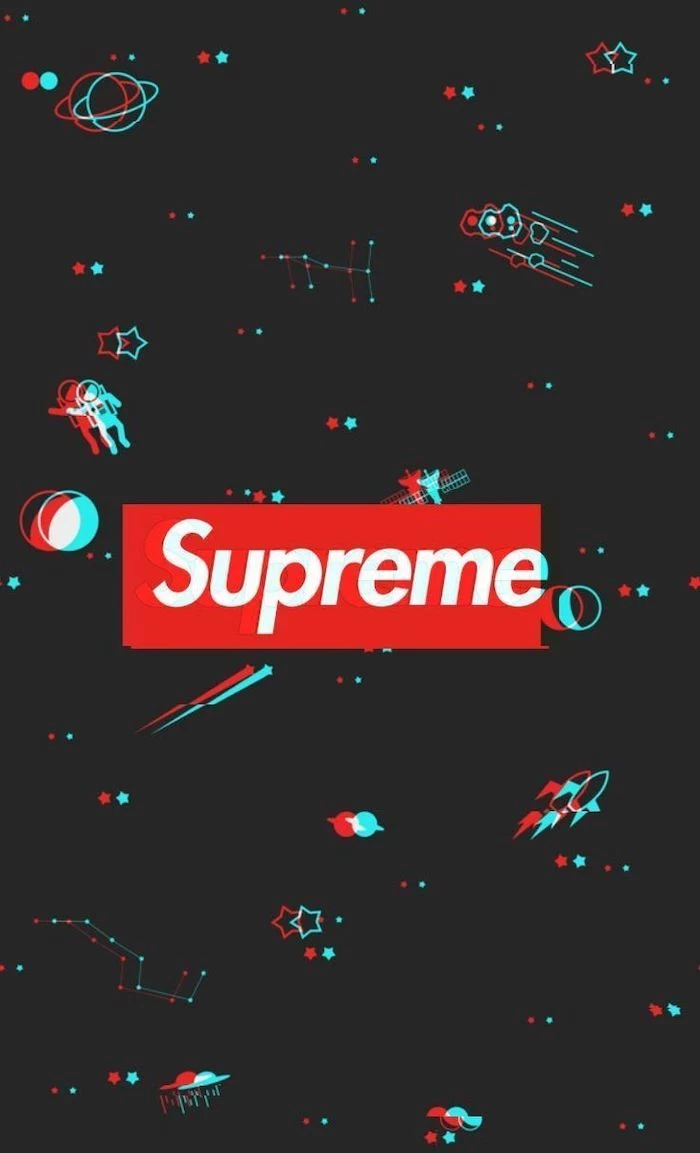red and white supreme logo at the center cool hypebeast wallpapers black background with drawings of planets shooting stars satellites and astronauts