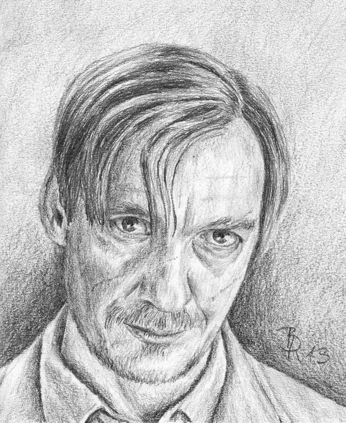 black and white pencil drawing, remus lupin, how to draw harry potter characters
