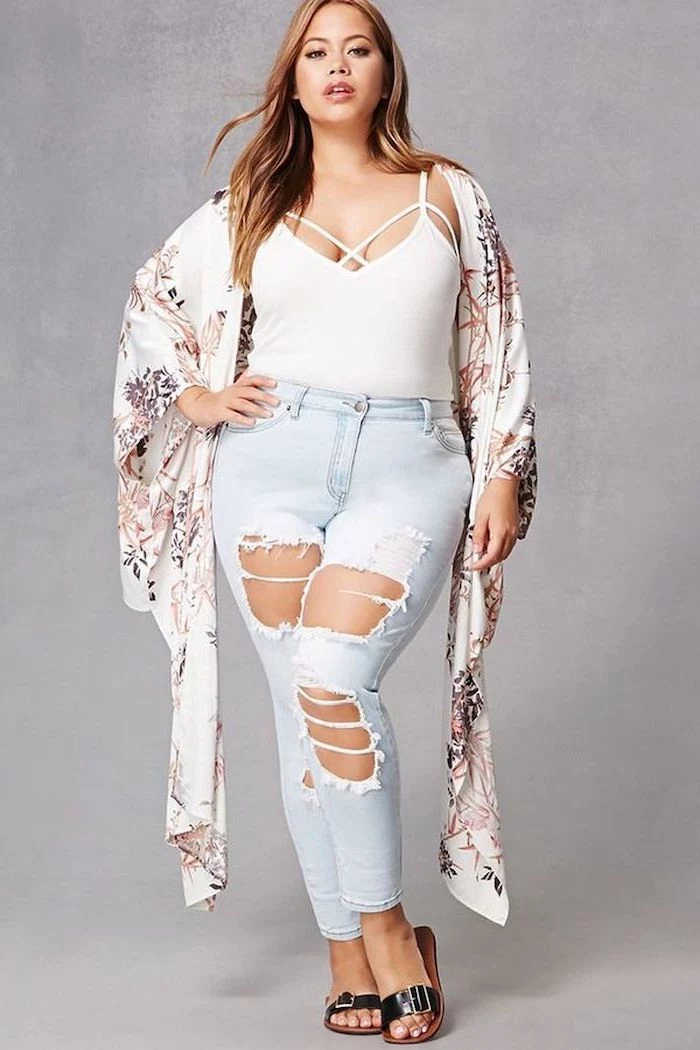 ripped jeans white top floral kimono worn by woman with medium length brown hair cute summer shirts black sandals