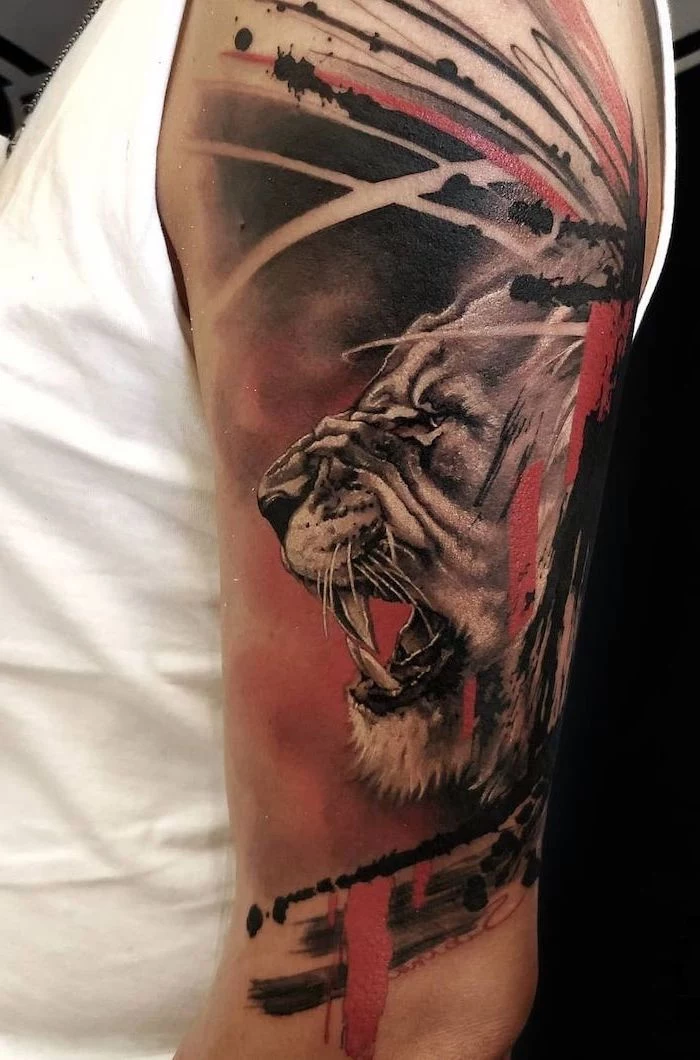 roaring lion profile drawn trash polka sleeve watercolor background half sleeve tattoo