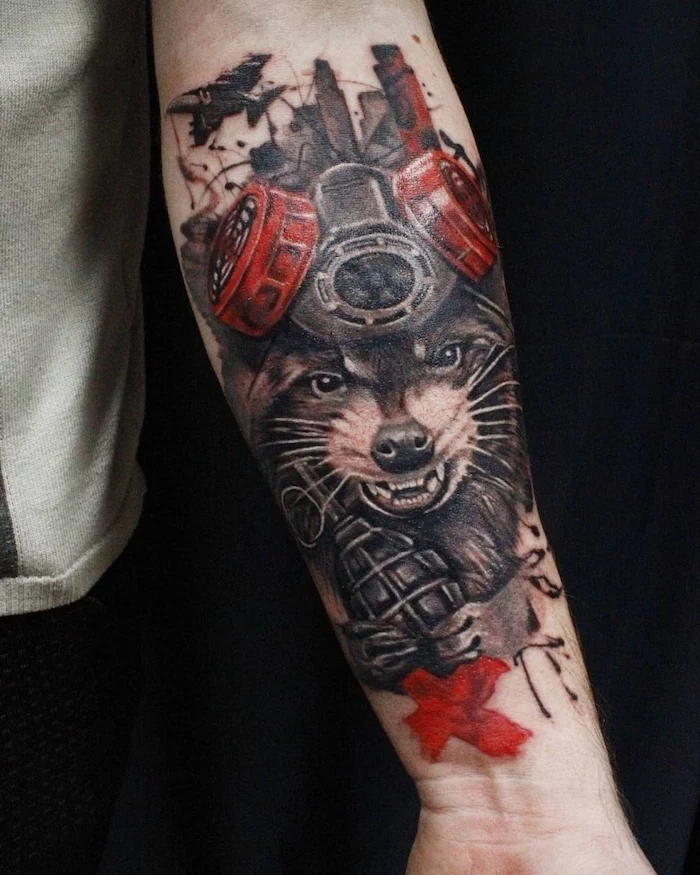 rocket racoon from guardians of the galaxy white trash tattoo ideas forearm tattoo in black and red
