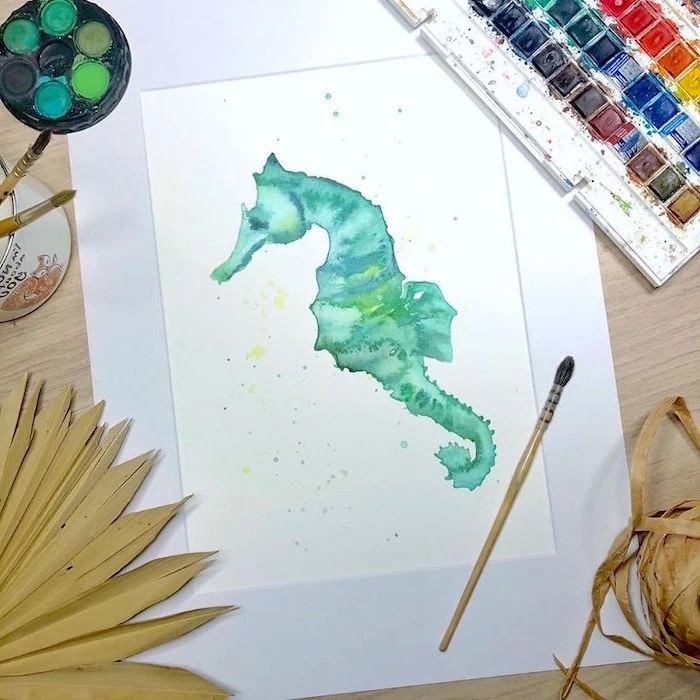 painting of a sea horse, painted in turquoise, simple watercolor ideas, painted on white background