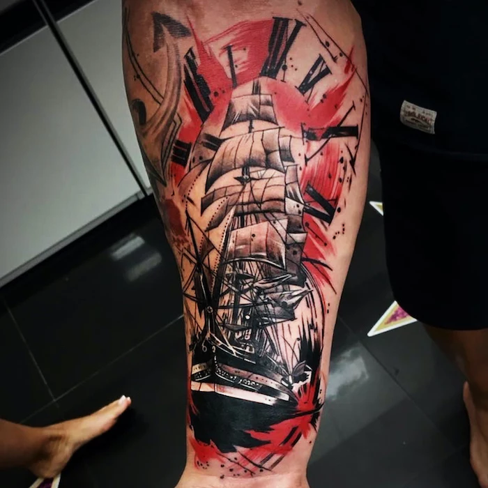 ship at sea surrounded by roman numerals red lines white trash tattoo ideas forearm tattoo