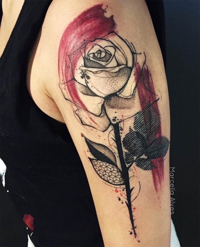 shoulder tattoo of black rose realistic trash polka tattoos surrounded by red lines on woman wearing black top