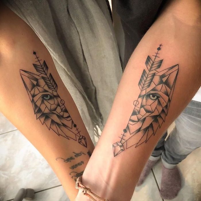 sibling tattoo ideas forearm tattoos half of wolf faces with arrows geometric tattoos