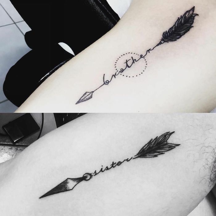 sibling tattoos for 3 side by side black and white photos brother and sister written in cursive with arrows