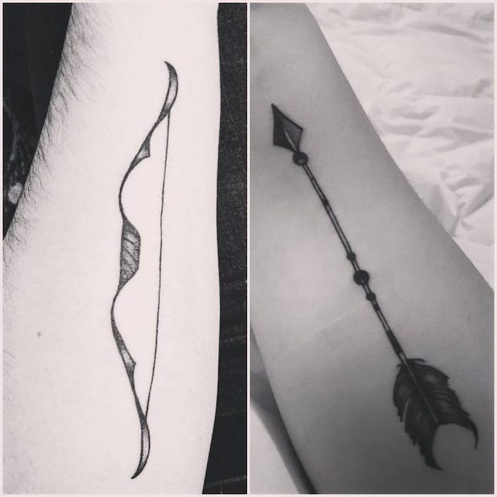 side by side photos of bow and arrow brother sister tattoo ideas forearm tattoos black and white photo