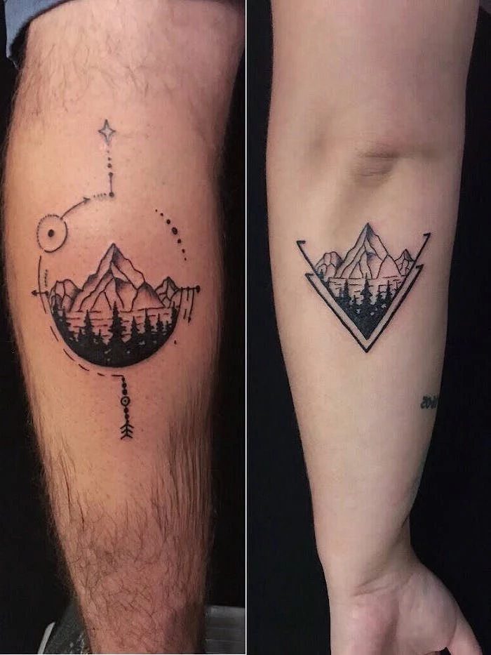side by side photos of matching back of arm tattoos twin tattoos mountain landscape with lake and forest