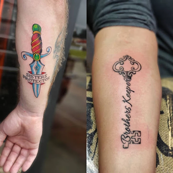 side by side photos of matching forearm tattoos brother and sister tattoo ideas brothers keeper sisters protector with key and dagger