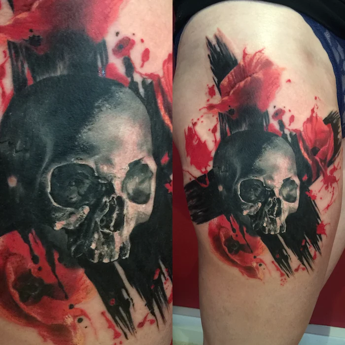 side by side photos of skull with large x behind it surrounded by red flowers trash polka sleeve thigh tattoo