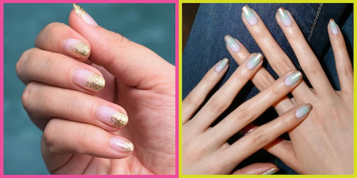 two side by side photos, medium length almond nails, vacation nails, ombre nails, gold glitter nail polish