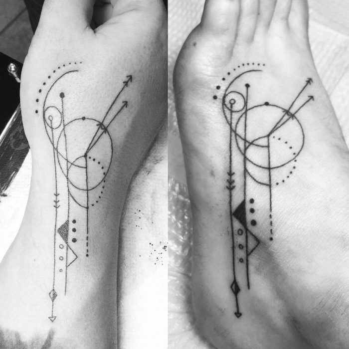side by side photos sibling tattoo ideas matching geometric tattoos one on the leg and one on the arm
