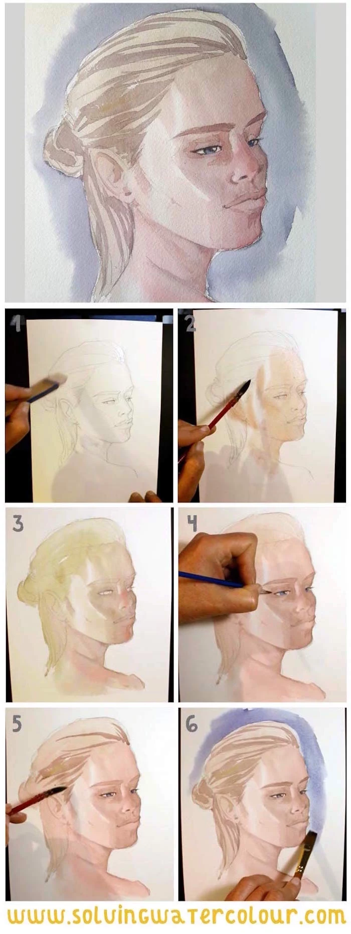 step by step diy tutorial, how to draw a girl, how to paint with watercolors, blonde girl with hair in a bun