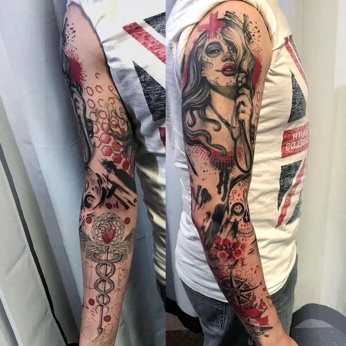 sleeve tattoo female nurse skull apothecary symbol trash polka tattoo white top with british flag