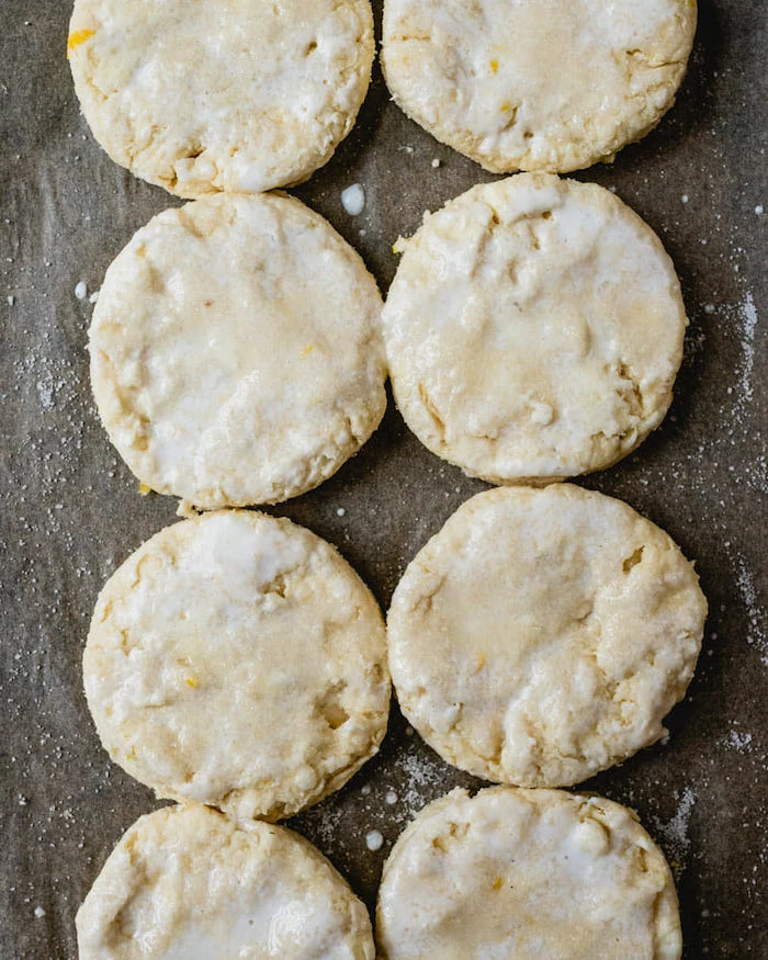 small round shortcake biscuits with sugar baked in paper lined baking sheet cookcout desserts