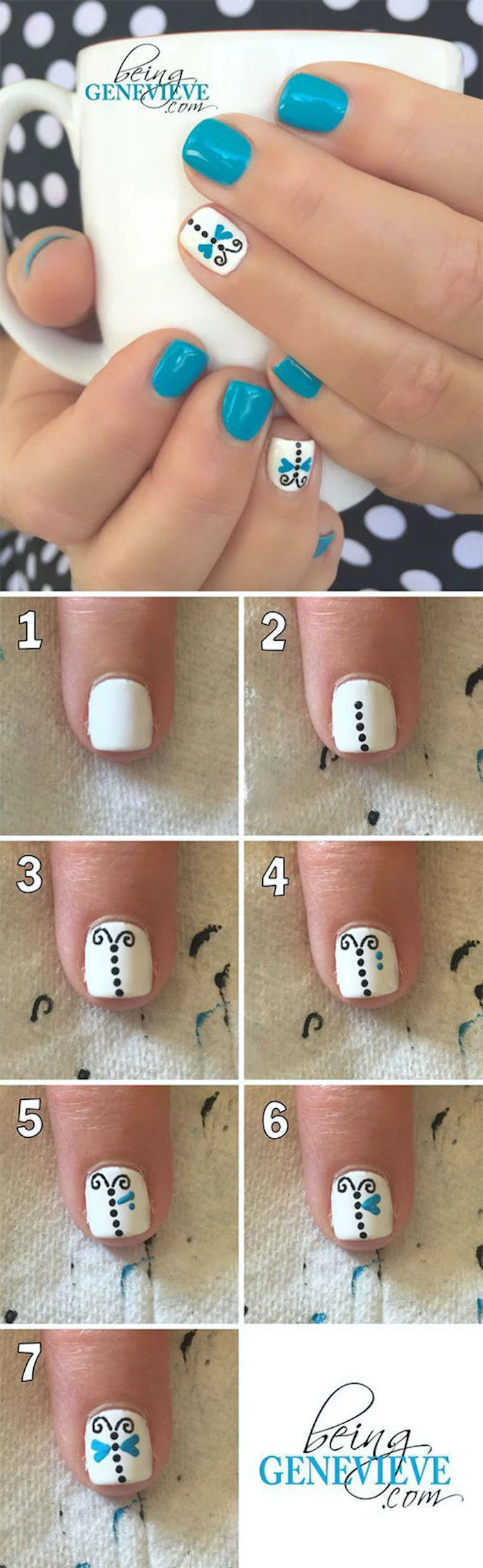 blue and white nail polish, butterflies decorations, vacation nails, step by step diy tutorial