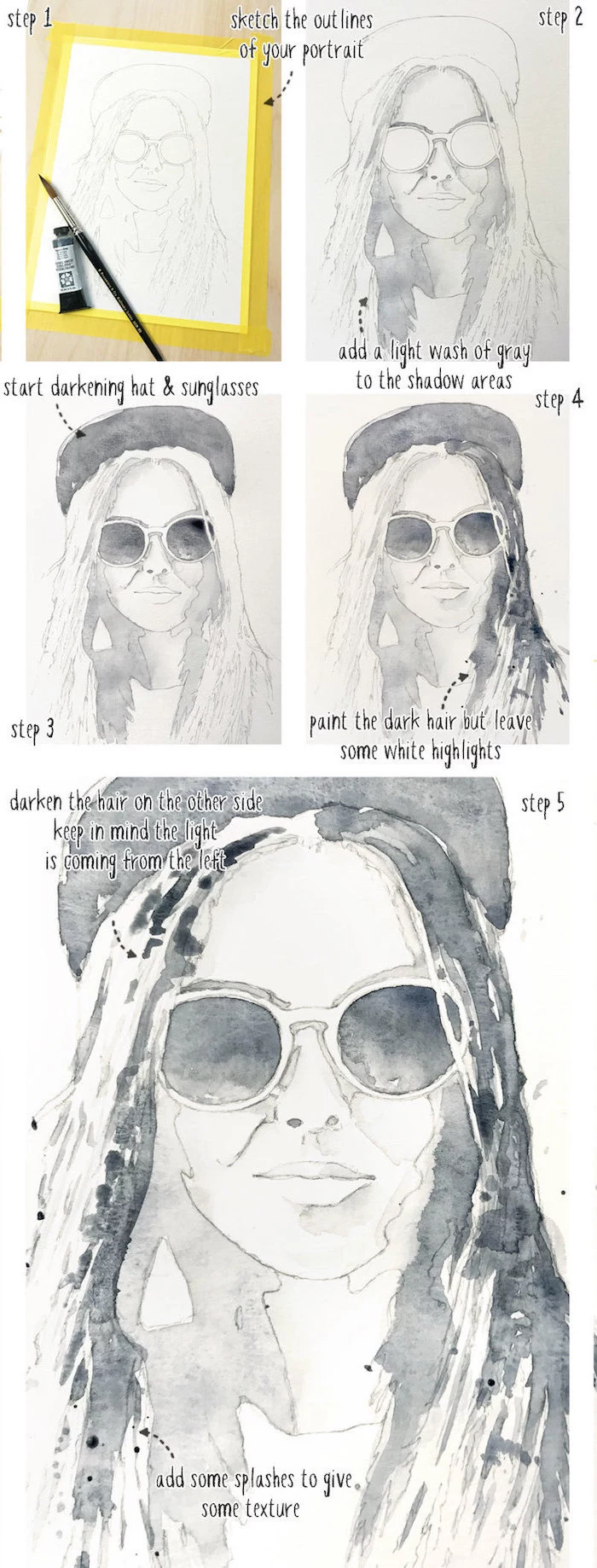 step by step diy tutorial, how to draw a girl, how to paint with watercolors, black and white watercolor painting