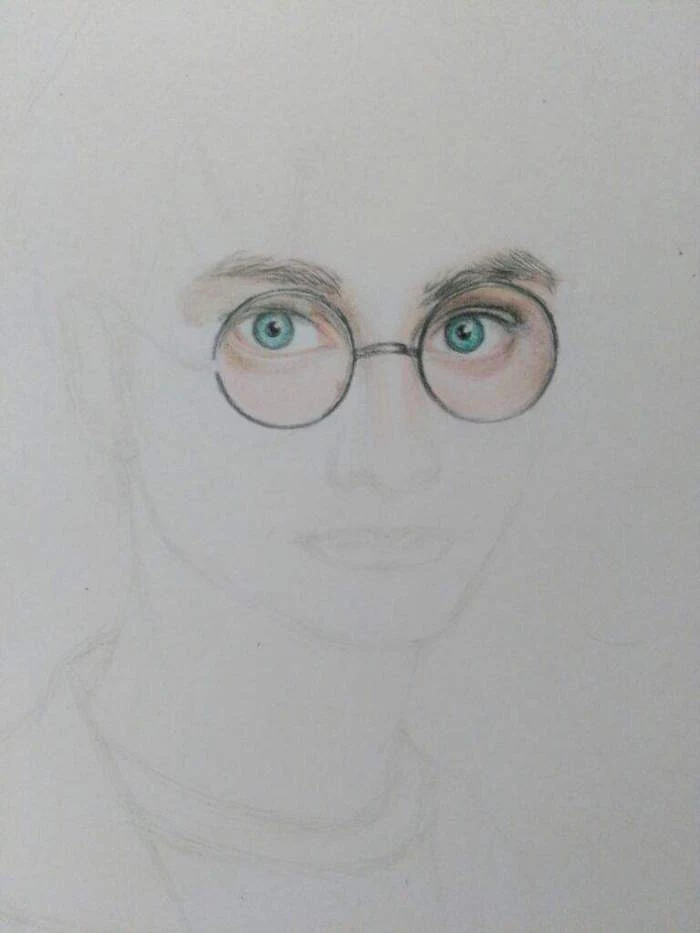 step by step diy tutorial, harry potter drawings easy, black and white pencil outline, colored blue eyes with glasses
