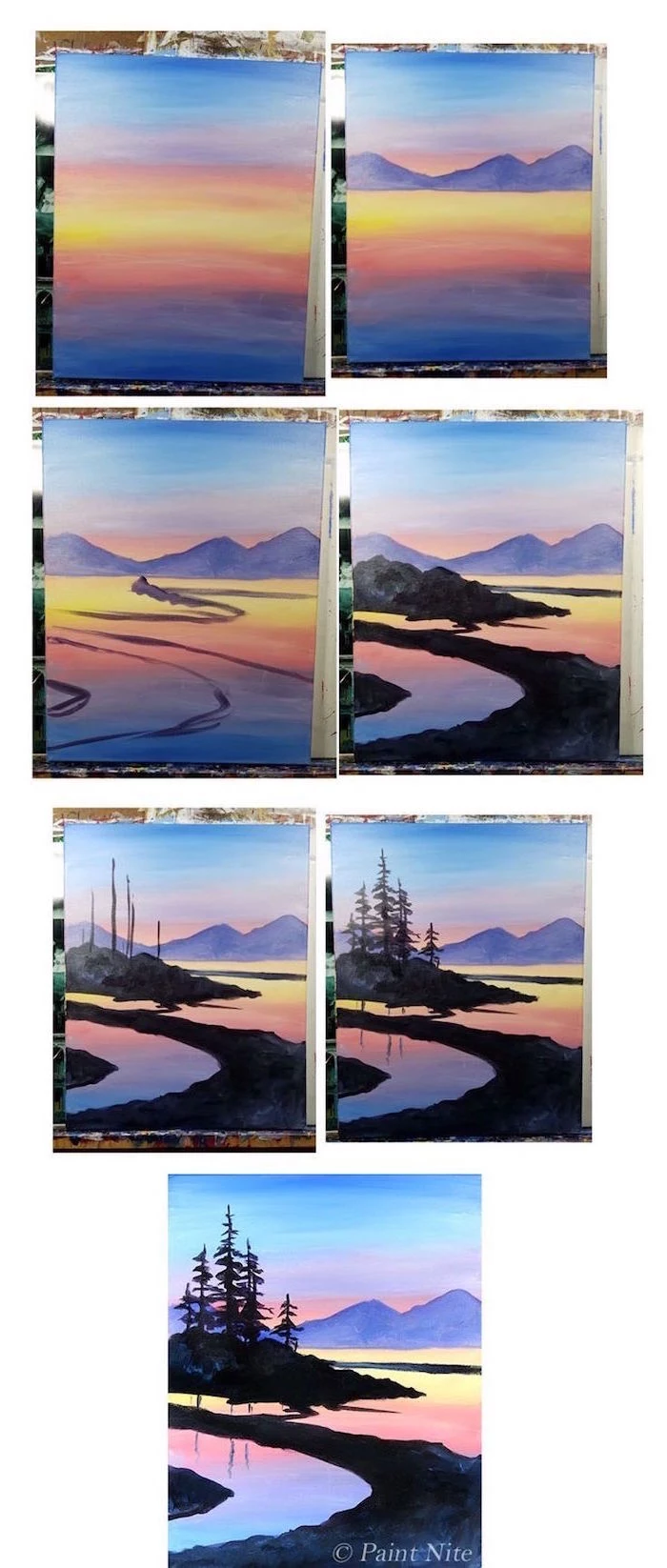 lake landscape, mountains in the background, simple watercolor ideas, painted at sunset