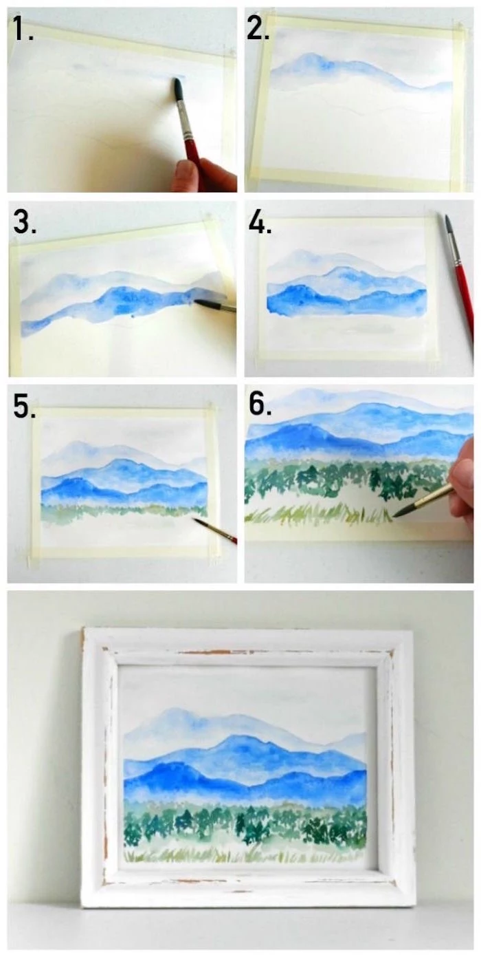 mountain landscape, how to use watercolor, step by step diy tutorial, mountain with a forest